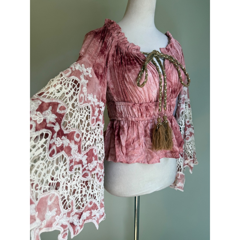 Venus Boho Tie Dye Bell Sleeve Lace Peplum Top Rose Pink Blouse dainty whimsi Y2